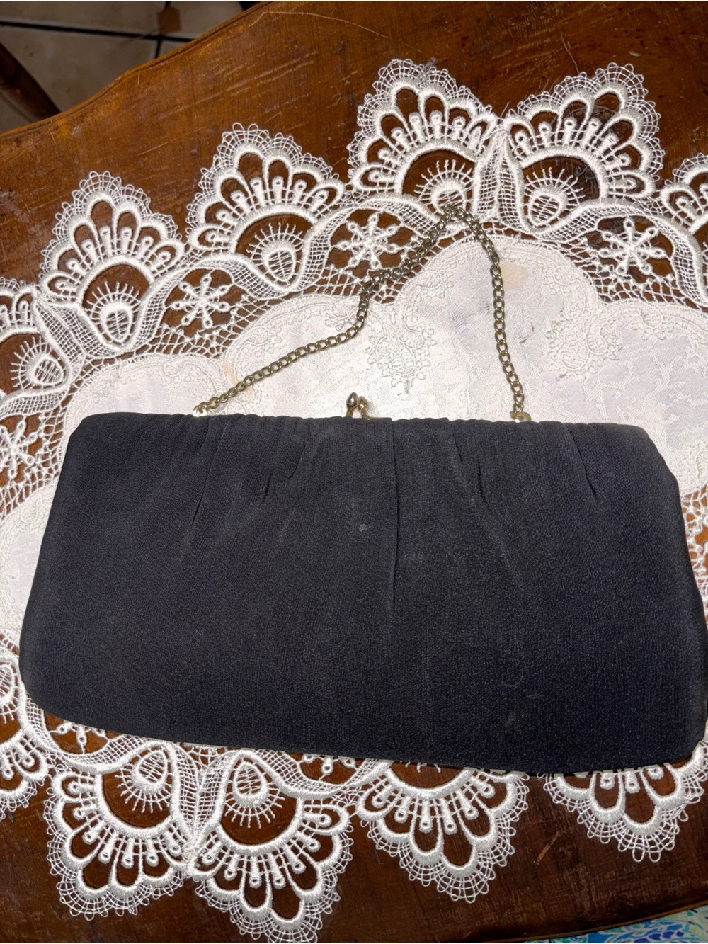Black Gathered Evening Clutch with Gold Chain Strap